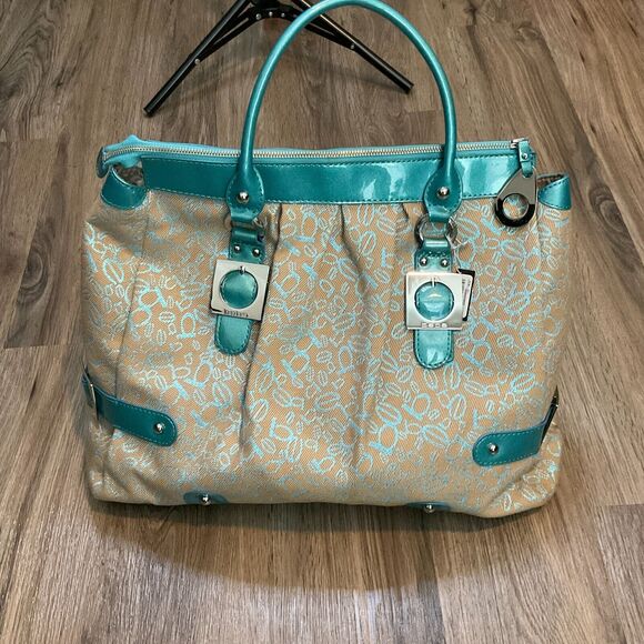 Bebe Purse Bag Handbag Tote Vintage Large Blue Khaki Logo - Picture 2 of 16